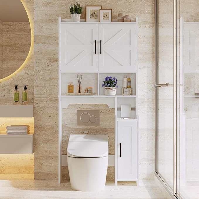IRONCK 67" Farmhouse Over The Toilet Storage Cabinet, Bathroom Organizer with Door, Adjustable Shelves, Side Cabinet and Toilet Paper Holder, Shelf Cabinet for Bathroom, Restroom, Laundry, White
