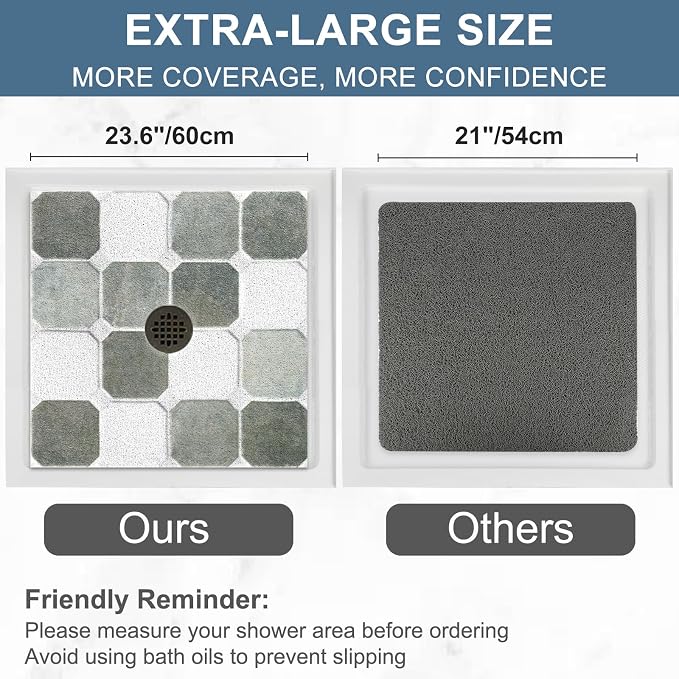 Square Shower Mat Non Slip: 24x24 Inch Extra Large Shower Mats for Inside Shower, Non Slip Shower Mat with Drain Hole in Middle- Anti Slip Shower Floor Mat, Loofah Shower Stall Mats for Elderly