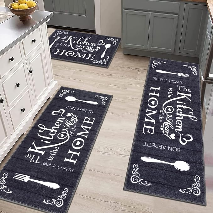Vaukki Boho Kitchen Rug Sets 3 Pieces, Washable Kitchen Mats for Floor, Non Slip Soft Kitchen Area Rug Floor Mat for Kitchen, Laundry Room and Hallway (Black, 20''x32''+20''x47''+20''x59'')
