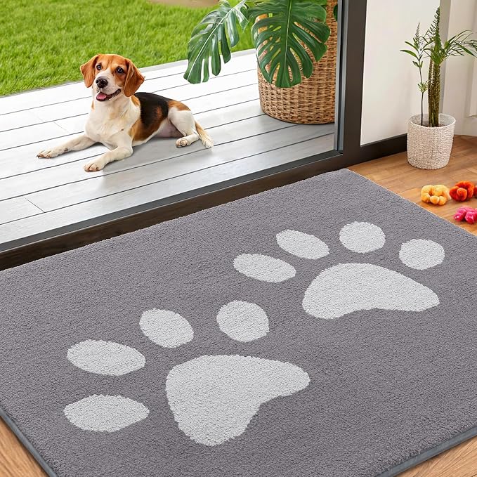 Smiry Dog Door Mat for Muddy Paws, Absorbs Moisture and Dirt, Low-Profile Entryway Mat with Non-Slip Backing, Entry Indoor Outdoor Doormat for Inside Floor (40x32 Inches, Light Grey, Paw)