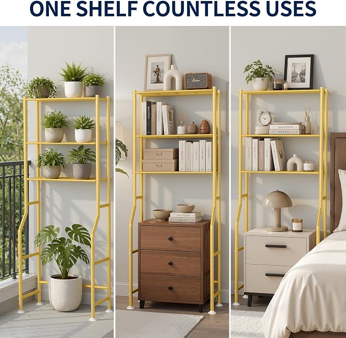 GloTika 3-Tier Over Toilet Storage Rack, Metal Over Toilet Bathroom Organizer Shelf, Freestanding Space Saver Storage Shelves for Bathroom/Laundry/Living Room (Gold)