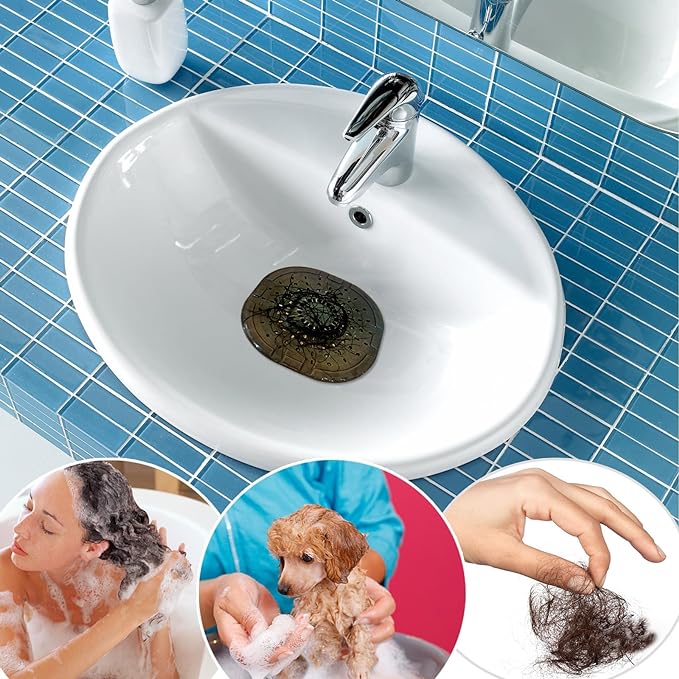 Hair Drain Catcher,Square Drain Cover for Shower Strong Adhesion Silicone Hair Stopper with Suction Cup,Easy to Install Suit for Bathroom,Bathtub,Kitchen 2 Pack (Jet Black White)