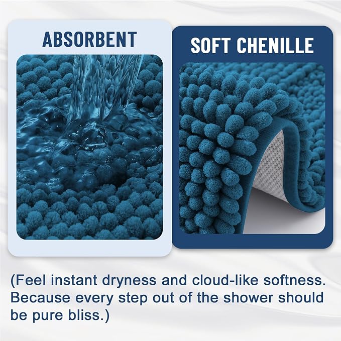 Grandaily Chenille Striped Bathroom Rugs 30x20, Extra Thick and Absorbent Bath Mats, Non-Slip Soft Plush Shaggy Shower Carpet, Machine Wash Dry, Bath Rug for Bathroom, (Medium, Peacock Blue)