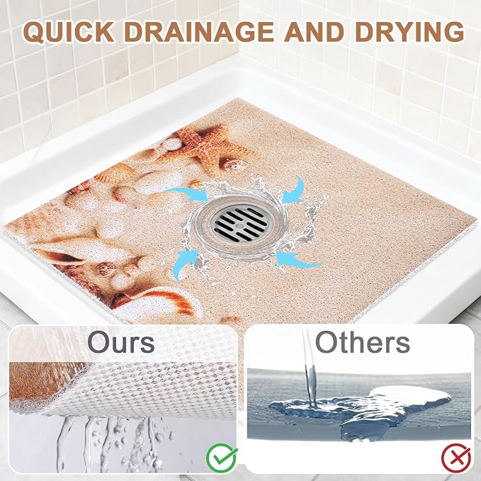 Square Shower Mat Non Slip: 24x24 Inch Extra Large Shower Mats with Drain Hole in Middle -Anti Slip Shower Mats for Inside Shower -Loofah Shower Floor Mat Bath Mat for Shower Stall Bathtub Elderly