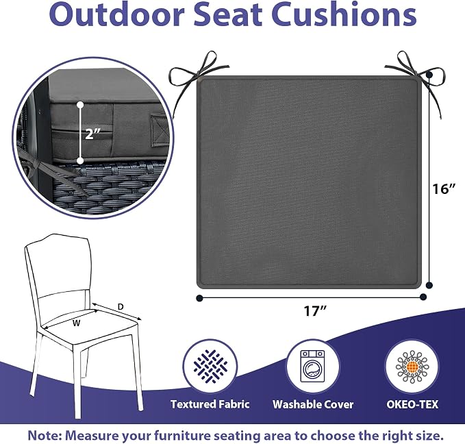 IPYNBAP Outdoor Chair Cushions Set of 4 -Waterproof Outdoor Seat Cushions for Patio Furniture, Patio Chair Cushion with Handle and Ties, Out Door Chair Pads,17x16x2-Square, Dark Grey