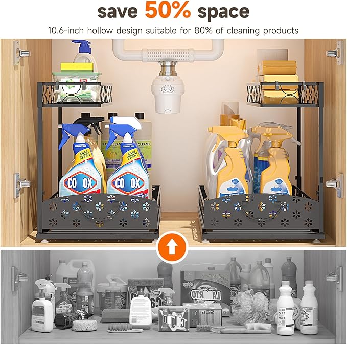 Sevenblue 2 Packs Under Sink Organizer, Height Adjustable 2 Tier Under Kitchen Sink Organizer, Multi-Purpose Storage Shelf for Kitchen Bathroom Cabinet (Metal, Extra Large)