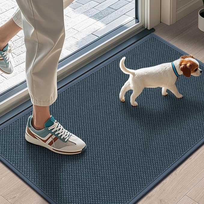LEKEEPGO Door Mat 17"x29", Non Slip Door Mat Indoor Entrance, Rubber Backing Indoor Doormat Washable Absorbent Low-Profile Doormat Front Entryway Entry Resist Dirt Inside Door Mats, Cyan Blue