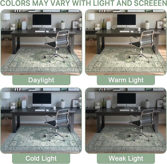 36"x60" Office Chair Mat for Hardwood Tile Floor, Under Desk Carpet Protector for Rolling Computer Chair Mat, Machine Washable Area Rug, Anti-Slip 1/5" Thick Low Pile Thin Vinyl Floor Mat, Green