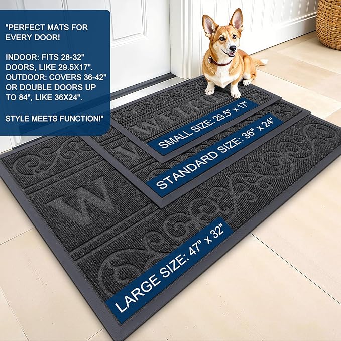 OLANLY Welcome Door Mat Indoor Outdoor Entrance, Heavy Duty Sturdy Front Door Mat, Waterproof All-Weather Doormat, Stain Resistant, Low Profile, Easy Clean Patio Entryway Mat, 47 x 32, Black