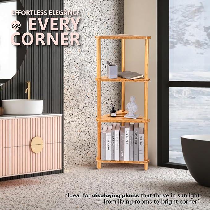 GUGIGP 4-Tier Corner Shower Caddy Stand Bamboo,Standing Corner Shower Shelf,Shower Organizer,Shower Storage Shlves,Waterproof & Durable,Space-Saving Design for Bathroom Kitchen or Living Room