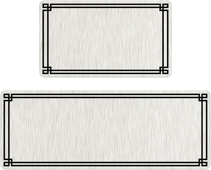 Cream Retro Elegance Frame Textured Kitchen Rug Sets [2 PCs], Anti-Fatigue, Waterproof Non-Slip Kitchen Mats Heavy Duty Comfort Foam Rug for Kitchen, Floor, Laundry,17"x29"+17"x47"
