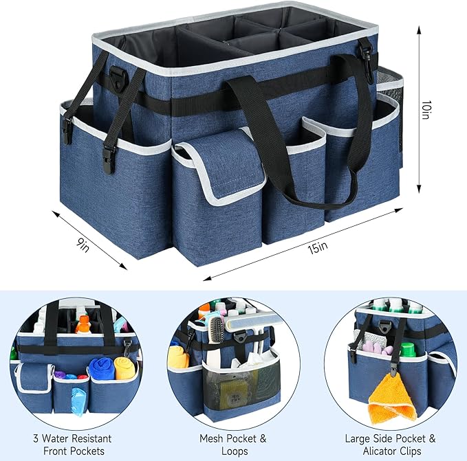 Cleaning Caddy Bag,Large Cleaning Supplies Organizer with Handle for Housekeepers, Blue