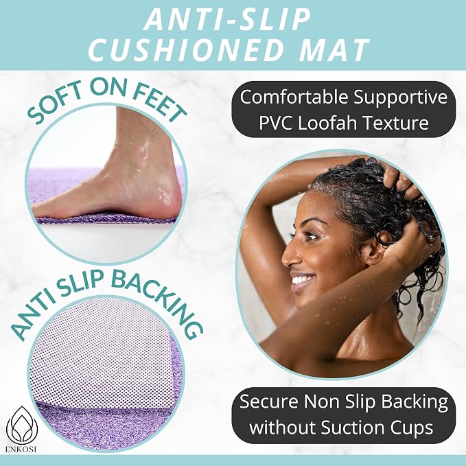 Soft Shower Mat Non Slip - PVC Loofah Inside or Outside Showers, Bathtubs, Bathrooms, and Wet Areas - Safe for Textured Tiled and Smooth Floor - No Suction Cups Secure Anti Slip (Purple Mix 24 x 47)