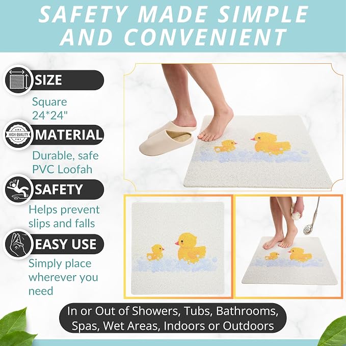 Enkosi Loofah Non-Slip Shower Mat – Square Anti-Slip Bath Mat for Kids, Tub, Bathtub & Walk-in Stalls, Cushioned PVC, Quick-Dry with Drain Holes – Bathroom Floor Safety Pad (Duck, 24x24)