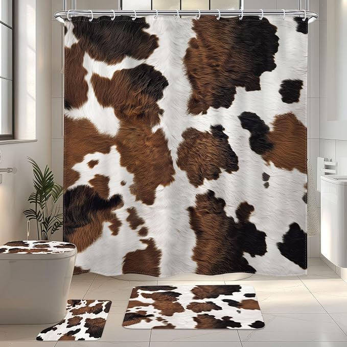 4 PCS Farmhouse Cow Print Shower Curtain Set 72Wx72H,Toilet Lid Cover,Non-Slip Rugs and U-Shaped Mat, Rustic Retro Bathroom Sets with Rugs Shower Accessories 12 Hooks for Bathroom Decor
