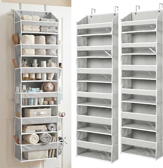 HOMELUX THEORY UPGRADED 6 Tiers Over The Door Organizer Hanging - 100D EXTRA THICK & 50lbs HUGE CAPACITY, 12 Side Mesh Pockets Over The Door Shoe Organizer, Hanging Closet Organizer (Light Gray, 2pc)