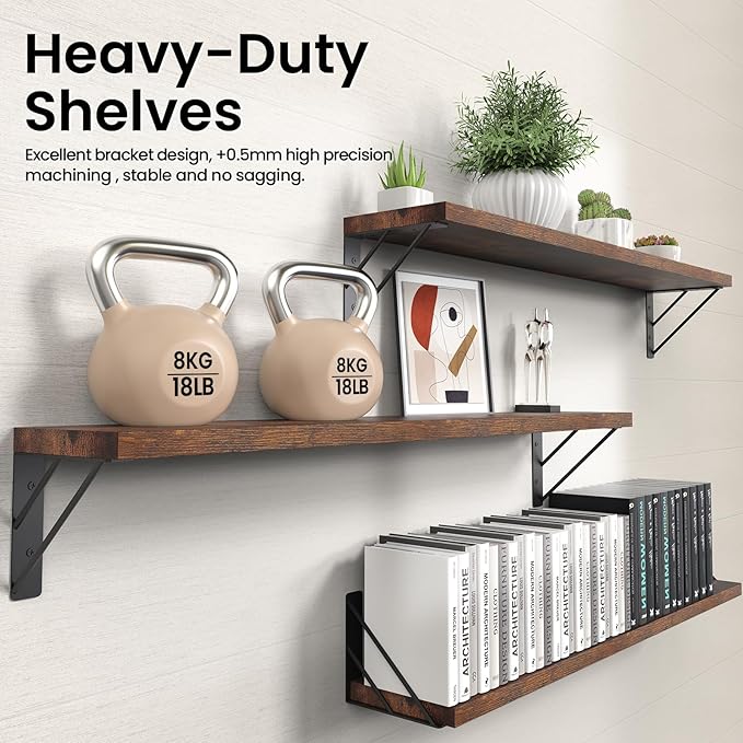 BAYKA Wall Shelves for Bedroom Decor, Floating Shelves for Wall, Display Mounted Rustic Wood Shelf for Books,Plants,Corner Shelves for Bathroom,Kitchen,Living Room(Rustic Brown，36in，Set of 3)