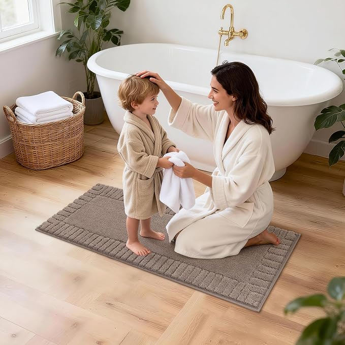 Pauwer Bathroom Rugs Set 5 Piece Non Slip Washable Bath Mat Set with U Shaped Contour Toilet Rugs Plush Absorbent Microfiber Shower Mat and Toilet Lid Cover for Bathroom, Coffee