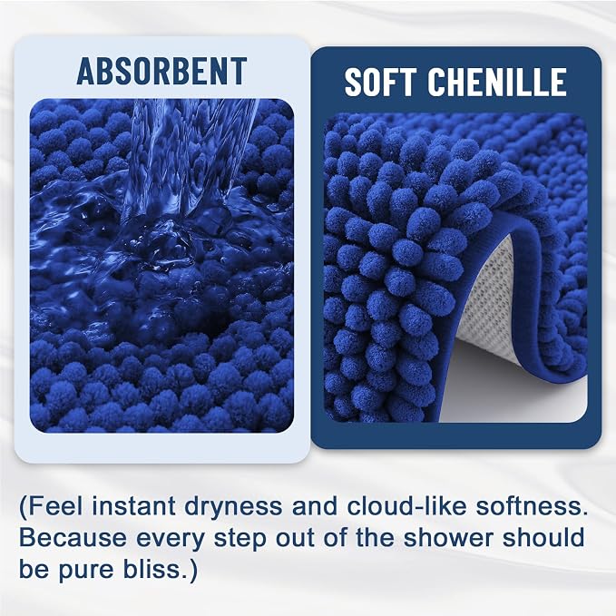 Grandaily Chenille Striped Bathroom Rugs 24x16, Extra Thick and Absorbent Bath Mats, Non-Slip Soft Plush Shaggy Shower Carpet, Machine Wash Dry, Bath Rug for Bathroom, (Small, Cobalt Blue)