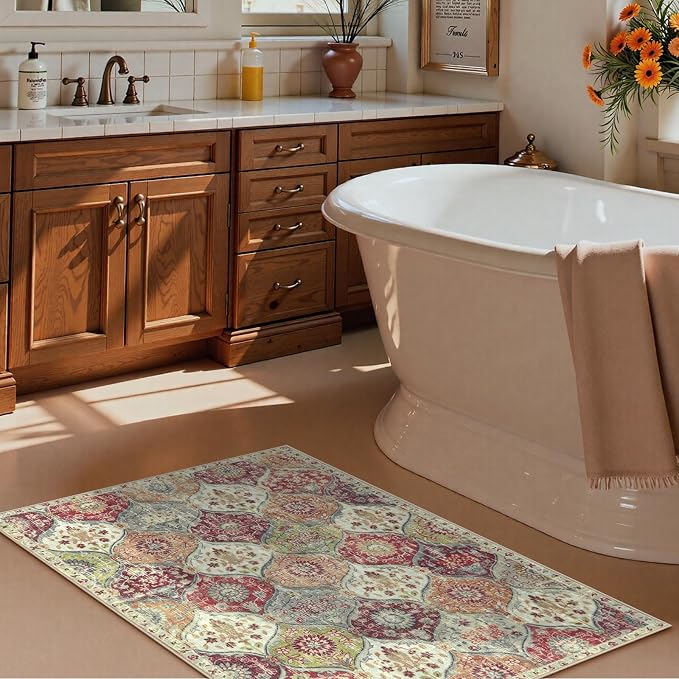 Lahome Moroccan Trellis Washable Orange Rug, 2x3 Entryway Rugs for Kitchen Bathroom, Non-Slip Indoor Door Mat Ultra-Thin, Small Throw Carpet for Bedroom Entry Elise, Orange/Terracotta