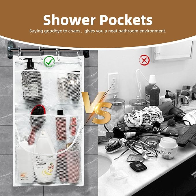 2PCS Mesh Shower Organizer Hanging,Shower Curtain Liner Pockets Hanging with Pockets Quick Dry Cruise RV Camper Bathroom Organizer with Shower Curtain Hooks
