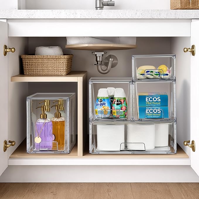 Sorbus Stackable Clear Storage Drawers 5 Pack (1 Wide + 2 M + 2 S) Acrylic Organizers, Pantry Drawers, Bathroom Closet Organizer for Under Sink, Vanity, Makeup, Linen Closet & Hair Product Organizer
