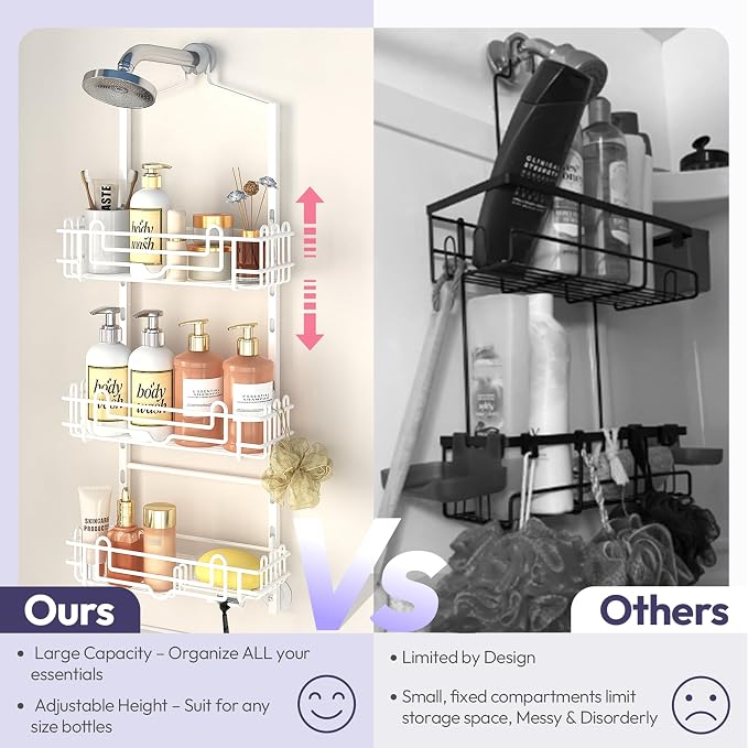SWTYMIKI Shower Caddy Hanging Organizer - 3-Tier Rustproof Shower Organizer Over Showerhead with Adjustable Baskets, 24 Hooks, Soap & Razor Holder - No Drill Large Bathroom Storage Rack, White