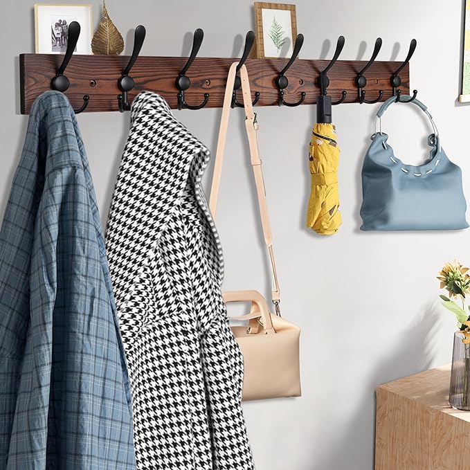Kuhome 32.2'' Large Coat Rack Wall Mount Coat Hooks Coat Hanger with 8 Metal Black Triple- Hooks Brown Pine Real Wood Plank Hat Rack for Wall Hooks for Hanging Coat Hat Jacket