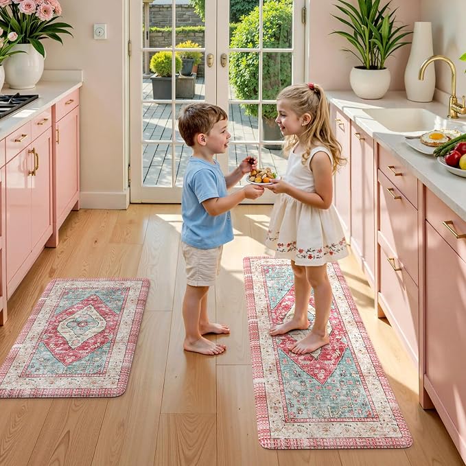 KIMDOE Kitchen Rugs and Mats 2 PCS Cushioned Anti Fatigue Kitchen Floor Mat Non-Skid Waterproof Kitchen Runner Rug Rose Red Laundry Room Rug Boho Desk Mat for Home Kitchen Decor, Floors, Office