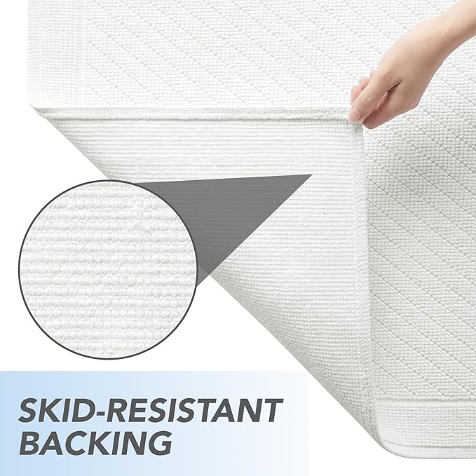 Arkwright 100% Cotton Bathroom Rug - High Absorbent Stylish Textured Woven Design Bath Mat, Slip Resistant Backing for Shower and Bathtub Floor, 20x32 in - White