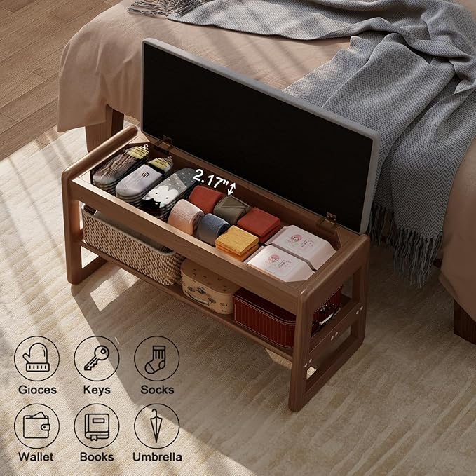 AQIMUELE Shoe Rack Bench,2 Tiers Shoe Bench with Storage with Flip-Top,Wood Shoe Rack for Entryway,Hallway（Walnut Upholstered Seat,11.8" D x 31.5" W x 15.7" H）