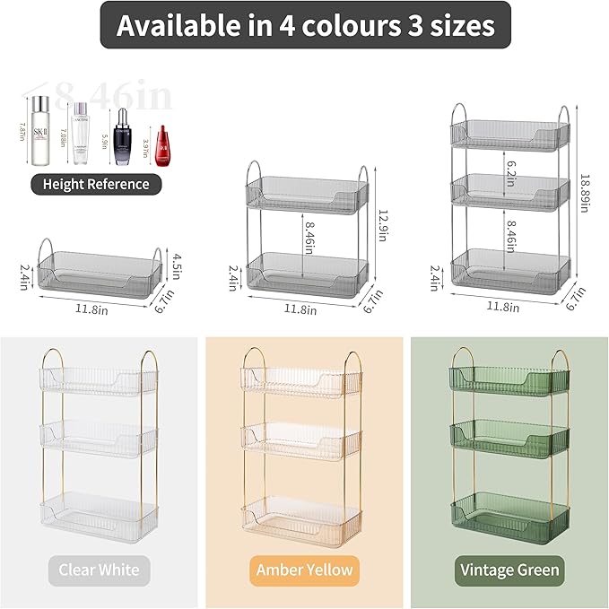 Akinbas 3 Tier Bathroom Organizer Countertop Makeup Perfume Tray Skincare Organizer for Bathroom Dresser Vanity (Grey)
