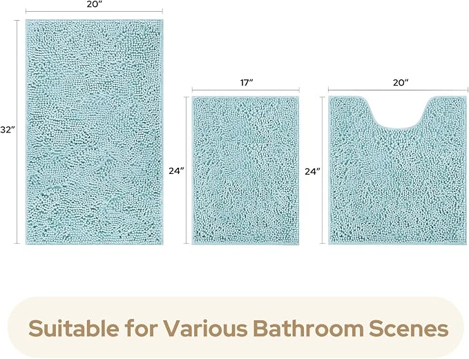 HOMEIDEAS 3 Pieces Bathroom Rugs, Ultra Soft Non Slip Absorbent Chenille Toilet Bath Mat Set (Light Blue)