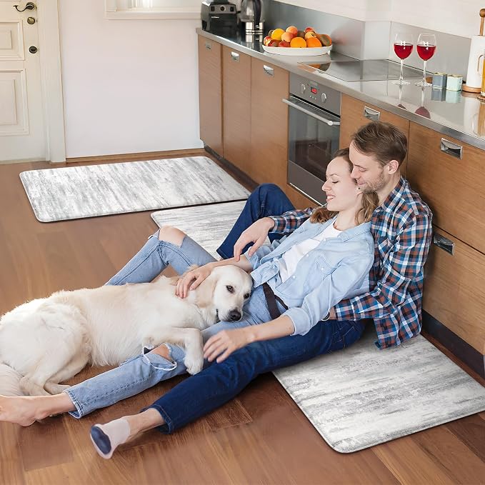 KIMODE Anti Fatigue Kitchen Mats for Floor, Farmhouse Kitchen Rugs Sets of 2, Cushioned Kitchen Floor Mats, Comfort Standing Mat for Sink Laundry Office Desk 20"x47"+20"x32" Grey
