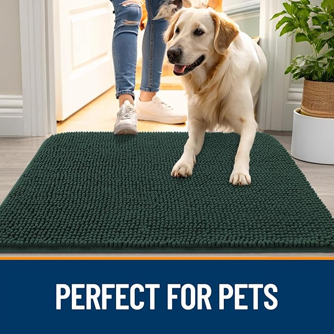 OLANLY Dog Door Mat for Muddy Paws 50x30, Absorbs Moisture and Dirt, Absorbent Non-Slip Washable Doormat, Quick Dry Chenille Mud Mat, Entry Indoor Entryway Carpet for Inside Floor, Blackish Green