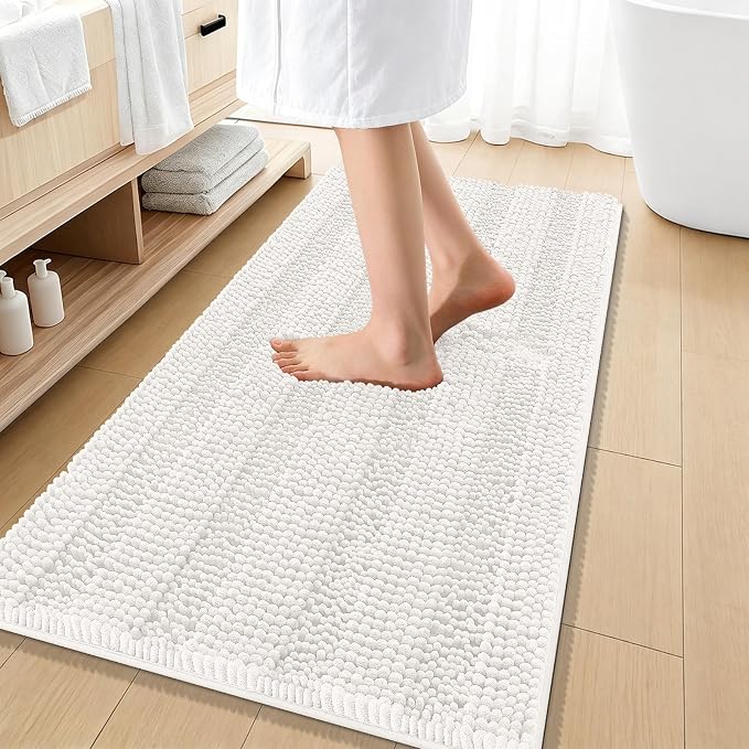 OLANLY Thick Bathroom Runner Rugs 47x20, Extra Absorbent Chenille Striped Bath Rugs, Rubber Backing, Machine Wash Dry, Long Bath Mats for Bathroom Floor, Tub and Shower, Home Decor Accessories, Ivory