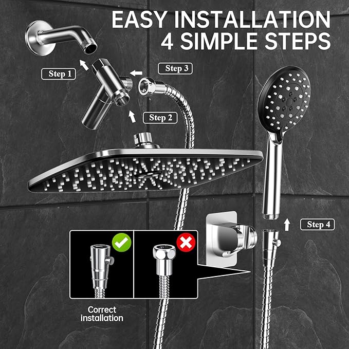 Veken 11.8 Inch Rain Shower Head with Handheld- High Pressure Dual Shower Heads with 5 Modes Hand held Spray Combo- Wide Rainfall Showerhead with Hose, Bathroom Accessories, Chrome