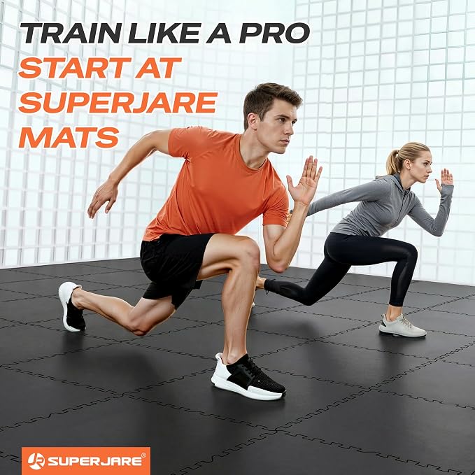 SUPERJARE 0.56'' Thick 6 Pcs 24 Sq Ft Rubber Top Exercise Equipment Mats, High Density EVA Foam Mats with Rubber Top, Interlocking Gym Flooring for Home Gym, Protective Workout Mat, Black