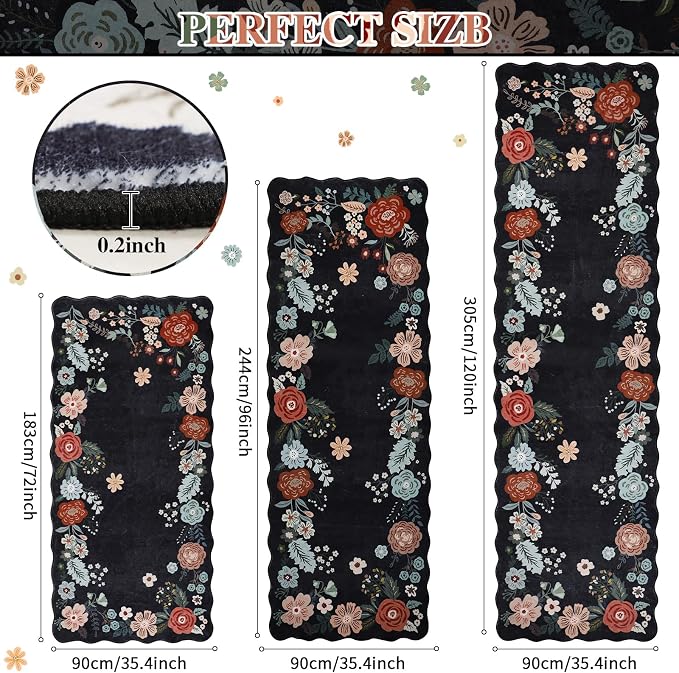 Kitchen Runner Rug, 3x6 Boho Floral Runners for Hallways with Non Slip Backing, Soft and Cozy Runner Carpet for Living Room, Entryway, Bedroom, Bathroom, Black