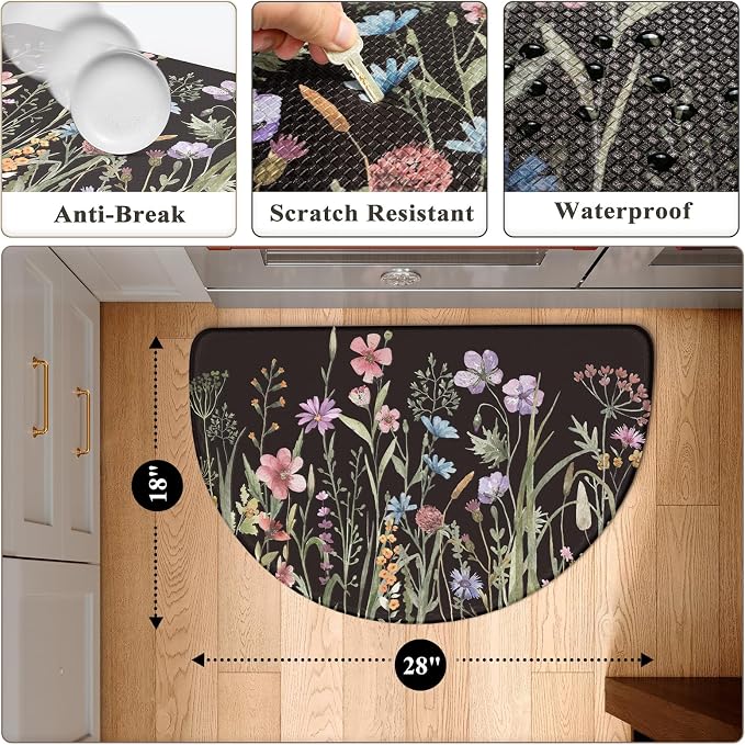 KIMODE Kitchen Mats Cushioned Anti Fatigue, 18"x28" Half Round Floral Kitchen Rug, Non Slip Waterproof Kitchen Floor Mats, Comfort Standing Mats for Laundry Office Sink Desk Black