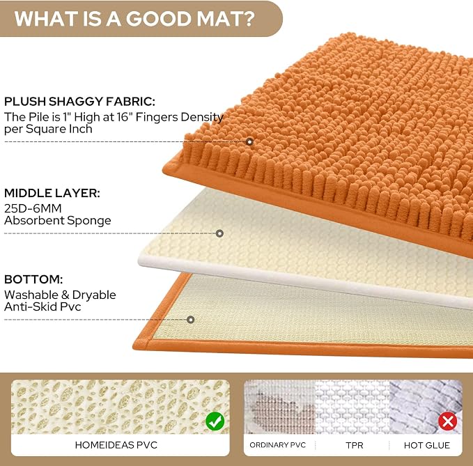 HOMEIDEAS 3 Pieces Bathroom Rugs, Ultra Soft Non Slip Absorbent Chenille Toilet Bath Mat Set (Orange)