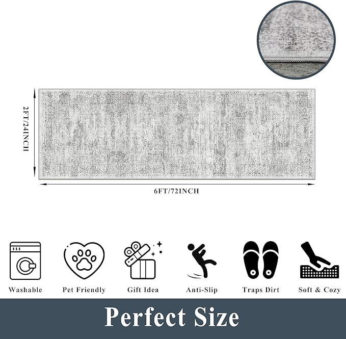 Rug Runners 2x6 Hallway Washable, Non Slip with Rubber Backing Carpet for Kitchen Bathroom Neutral Moroccan Vintage Oriental Distressed Area Rugs for Bedroom Laundry Room Entry Entryway, Grey/Ivory