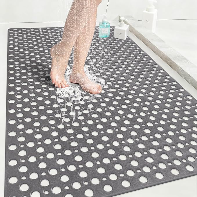 Anti Slip Shower Mat with Suction Cups,31.5x47.2 Inch Quick Drain TPE Non Slip Shower Mats for Inside Shower,Large Bath Mat for Shower Soft on Feet, Easy to Dry&Cut Machine Washable