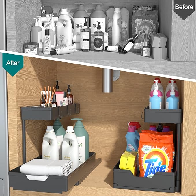 NATURE'S SOURCE 2 Pack Under Sink Organizer 2 Tier Sliding Cabinet Organizers Multi-Purpose Sink Storage Basket L-Shape Narrow Space Storage Shelves with 4 Hook for Kitchen Bathroom Drawer, Black