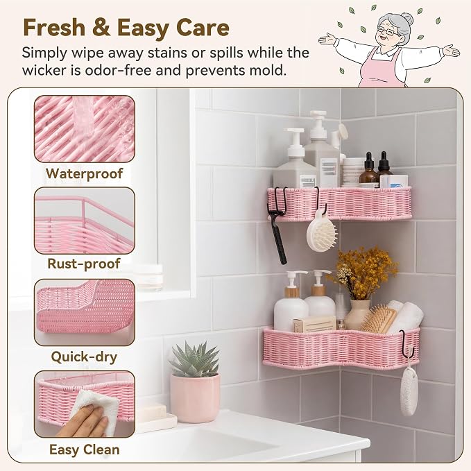 GRANNY SAYS 2 Pack Wicker Corner Shower Caddy Hanging, Shower Shelf for Inside Showers, Adhesive Shelves for Bathroom Organizers and Storage, Bathroom Shelves Wall Mounted with 4 Hooks for Decor, Pink