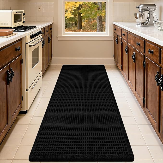 IM HOME Extra Large Waffle Bath Mat, Boho Bathroom Rugs Absorbent Non Slip, Soft Bathroom Mats, Machine Washable Knit Bath Rugs with Tassels for Bathroom, Bedroom, Kitchen, Shower, Tub, Black, 5'x2'