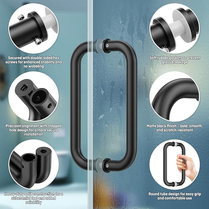 Ranbo Matte Black 8" CTC Tubular Back-to-Back Shower Door Handle,Heavy-Duty 1.0mm Thick 304 Stainless Steel,for 1/4"- 1/2" Thick Glass and 1-3/8" - 2-1/6" Thick Wooden or Metal Doors