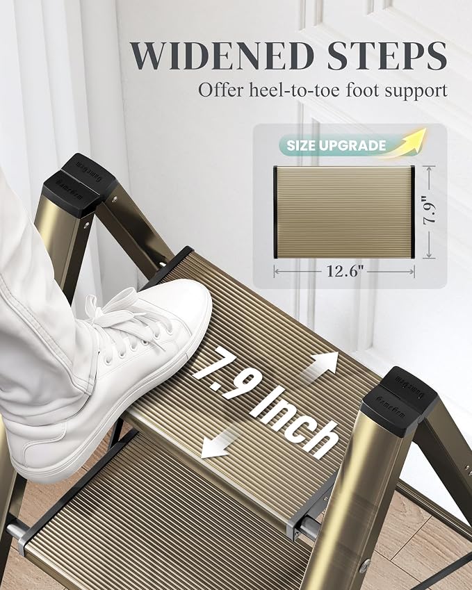 2 Step Ladder, Folding Step Stool with Wider Pedal, Anti-Slip Feet & Non Slip Stripes, Aluminum Sturdy Material, 300Lbs Capacity, Elegant Look of Champagne Gold Better Matches Your Home