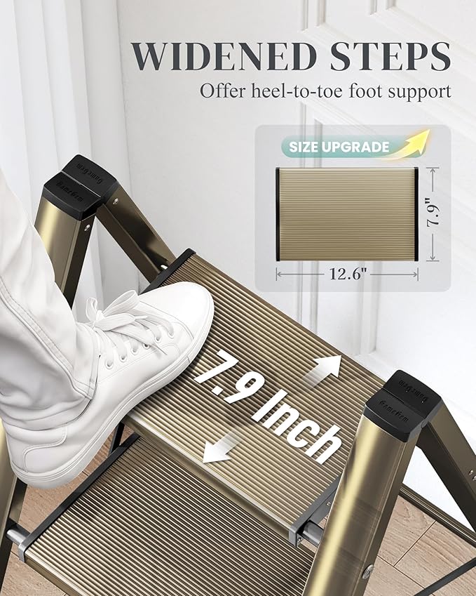 3 Step Ladder, Folding Step Stool with Wider Pedal, Anti-Slip Feet & Non Slip Stripes, Aluminum Sturdy Material, 300Lbs Capacity, Elegant Look of Champagne Gold Better Matches Your Home