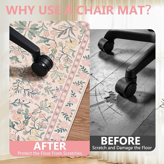 Office Chair Mat for Hardwood Floor & Tile Floor,36"x48" Heavy Duty Desk Chair Mat for Hard Floors, Under Desk Rug for Rolling Computer Chair,Anti Slip,Low Pile Carpet Floor-Pink Flowers